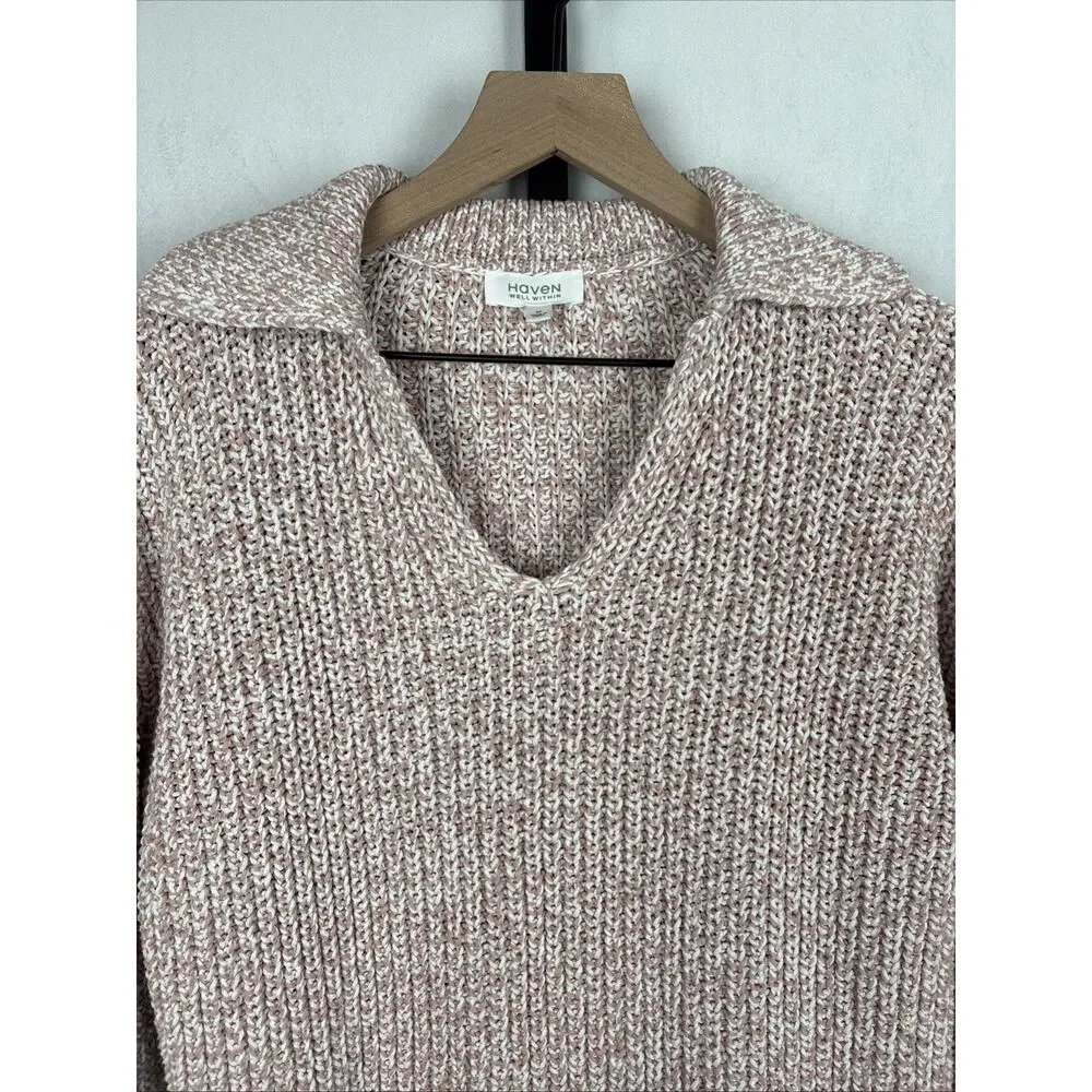 Haven Well Within Marled Knit Polo Sweater Womens Medium Pink Cozy Chunky Cotton